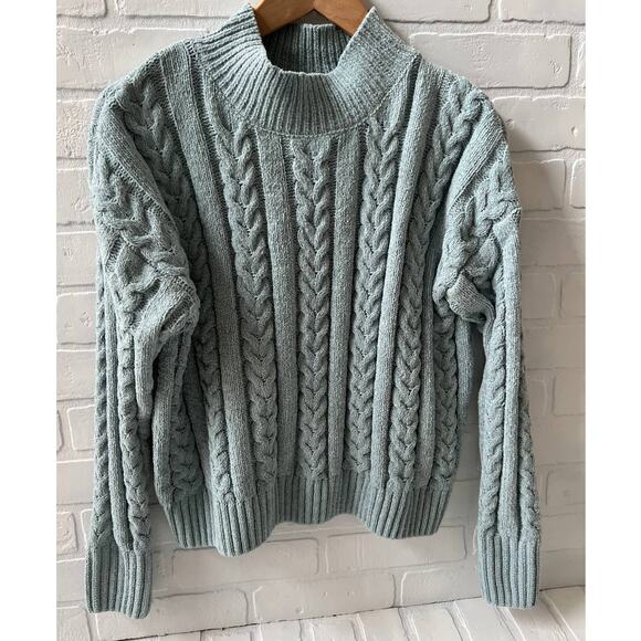 Hippie Rose Soft Cozy Blue Green Long Sleeve Mockneck Cableknit Sweater - sz M - Picture 2 of 6